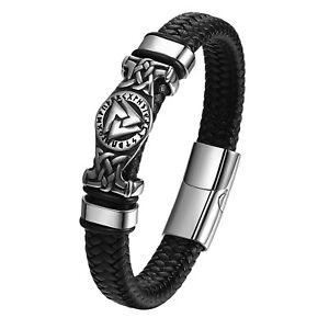 Norse Viking Valknut Amulet Runes Leather Bracelet Magnetic Wristband for Men