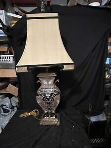 Pasargad  NY  Porcelain & Bronze 2 Handle Table Lamp W/Orig. Shade 40”