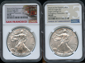 New ListingTwo 2021 (S) American Silver Eagles NGC MS69 - Type-1 T-1 & Type-2 T-2