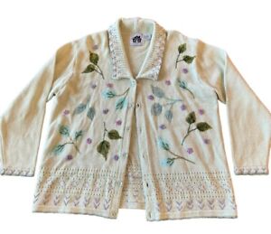 Storybook Knits Cardigan Sweater Plus Size 1X Floral Off White Purple Green
