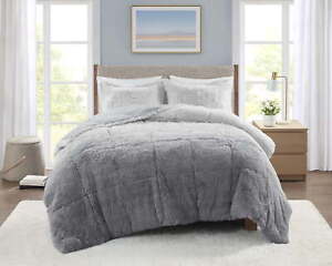 Full/Queen Shaggy Faux Fur 3-Piece Grey Comforter Bed Set with Comforter Shams