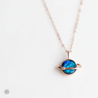 Earth Moon Australian Opal & Diamond 18K Pendant Necklace Rose Gold Chain Saturn