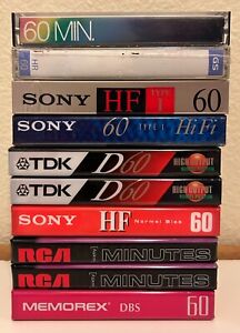 Lot of 9 Various Blank Audio Cassette Tapes SEALED 60 Minutes