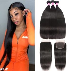 UNice Brazilian Straight Human Hair Weaves 3 Bundles With Lace Closure Extension