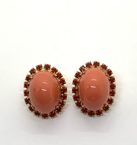 STUNNING VINTAGE SIGNED ALICE CAVINESS FAUX CORAL & RED RHINESTONE CLIP EARRINGS