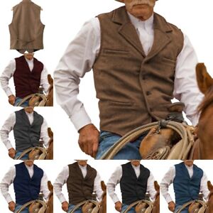 Aged Mens Vest Cowboy Tweed Wool Vintage Herringbone Waistcoat S M Large XL XXL