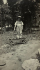 New ListingBoy Standing In Old Toy Wagon In Yard B&W Photograph 2.75 x 4.5