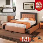 Modern Queen Platform Bed Frame with 4 Drawers, Button Tufted Headboard with PU