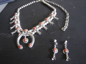 Sterling Silver CORAL Navajo Squash Blossom necklace with earrings
