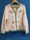 Vintage Orvis Cream/Green Knit Embroidered Floral Cardigan Sweater Sz XL^