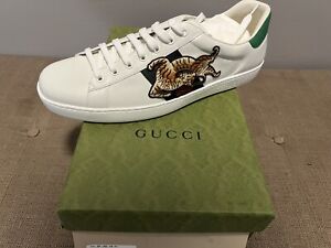 Authentic Gucci Men Ace Sneakers White Leather Tiger Motif Size 13 New
