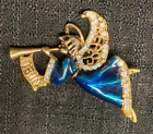 Vtg NOEL Trumpet Angel Gold Tone & Blue Enamel Brooch Pin