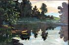 painting socrealism vintage decor landscape impressionism evening river rare