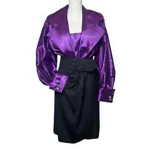 Vintage 80s En Francais Size 12 Purple Long Sleeve Satin Wrap Blouson Dress