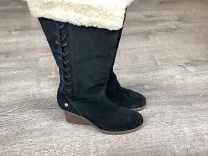 UGG Felicity Wedge Boots Black Shearling Cuff 5450 Winter Womens Size 9 Boots