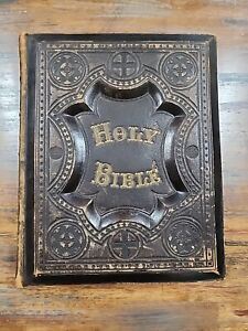 1870 ANTIQUE FAMILY HOLY BIBLE pictorial ILLUSTRATED leather SMITH'S DICTIONARY
