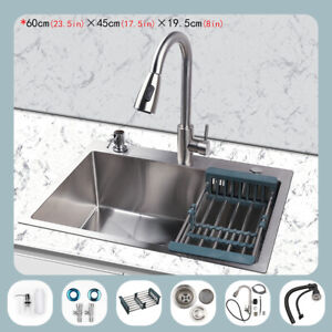 23.5Inch Single Bowl Undermount 304 Stainless Steel Kitchen Sink with Faucet Kit