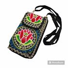 Pink Lotus Flower Ethnic Boho Style Embroidered Canvas Crossbody Wallet Purse