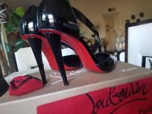 100% Authentic Christian Louboutin Black Leather High heels Women Shoes Size 8