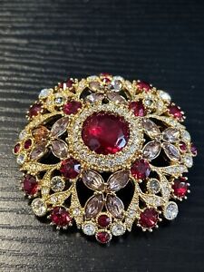 Joan Rivers Ruby Red & Clear Crystal Dome Pin Brooch Gold Tone Signed w/Box