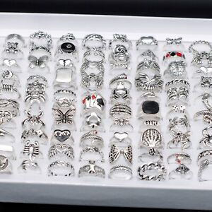 Wholesale 100 Antique Silver Mixed Vintage Rings Bulk Metal Gothic Jewelry Lots