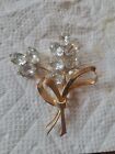 Vintage Coro Sterling Silver Diamond Rhinestone Flower Ribbon Brooch Vermeil Pin
