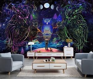 Blacklight Psychedelic Tapestry Owl MoonSpace Wall Art Tapestry 51''X59