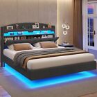 Floating Bed Frame Full Size with Charging Station & Storage Headboard Dark Grey