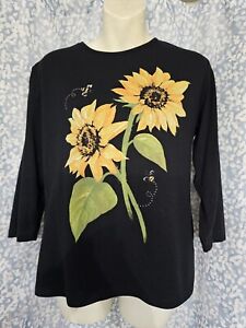 Women's Large 100% Cotton Black/Yellow Sunflower & Bumblebee 3/4 Sleeve Knit Top