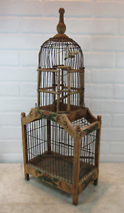 Vintage Bird Cage with Dome, Wood / Wire Victorian Design, Tray - Tramp Art?