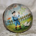T9F. ANTIQUE VICTORIAN TIN TOY BALL, RATTLE, BOY & GIRL AT PLAY 1890'S 1920'S