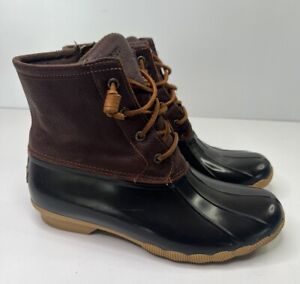Sperry Saltwater Duck Boots Brown Leather Rubber Zip Lace Up Women's 10 Ankle