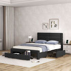 Queen Size Bed Frame with Drawers, Leather Platform with Charging Station