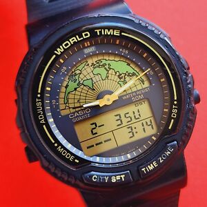 Casio World Timer Watch Rare GMT Alarm Chronograph Cal 387 AW-21U Retro Mens