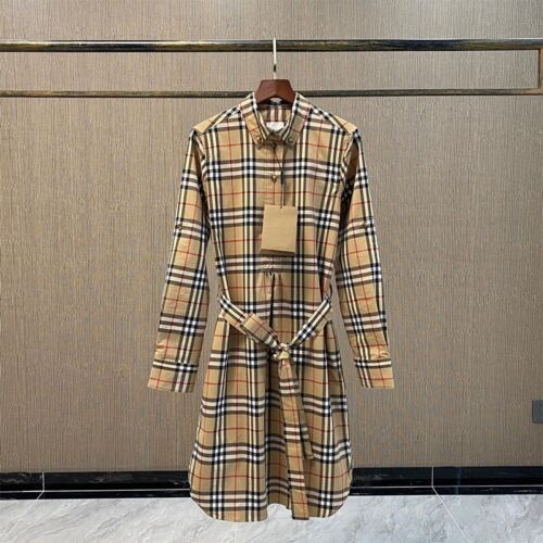 2024 NEW Women's Burberry Taupe Brown Check Belted Shirt Dresses SIZE：S/M/L/XL