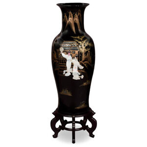 US Seller - 37.5 Inch Black Lacquer Mother of Pearl Oriental Porcelain Vase