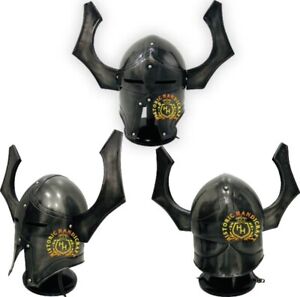 New Listing18GA Steel Warhammer Chaos Helmet Medieval Cosplay Winged Viking Helmet W/Stand