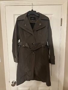 London Fog Trench Coat Women Small Belt Button Jacket With Removable Hood Brown