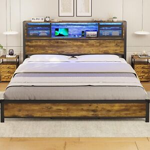 New ListingKing Size Bed Frame with LED Lights Headboard,  Modern Metal Platform Bed Frame