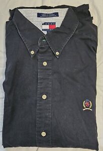 Tommy Hilfiger Shirt Mens Size XL Solid Black Button Down Long Sleeve Lion Crest