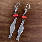 Native American Red Coral & Silver Fish Earrings Vintage Hand Made
