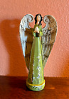 New ListingWooden Angel Statue With Bird Resin Folk Art Rustic Primitive Spring Green