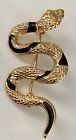 Gold Tone Snake Brooch Pin With Black Enamel Serpent Ornamental Costume Jewelry