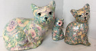 New ListingLot of 3 Floral Ceramic Glazed Fabric Decoupage Plaster Cat Figurines Vintage