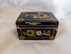 Vintage painted floral black and gold shabby wooden box with hinged lid