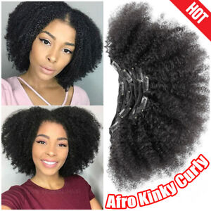 Full Head THICK Afro Kinky Curly Clip In Real Virgin Human Hair Extensions Black