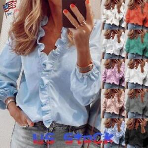 Womens Ruffled V-Neck Long Sleeve Blouse Ladies Work Office Shirt Casual Tops US