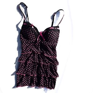 y2k coquette grunge black pink heart print tiered lingerie bustier tank top