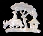 Vintage Carved Mother of Pearl ASIAN Scenic PIN/Brooch~Water Buffalo~Hut~Tree