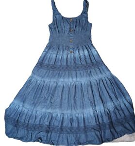 Lapis Sleeveless Soft Denim Smocked Embroidered A-Line Maxi Dress Size 2X